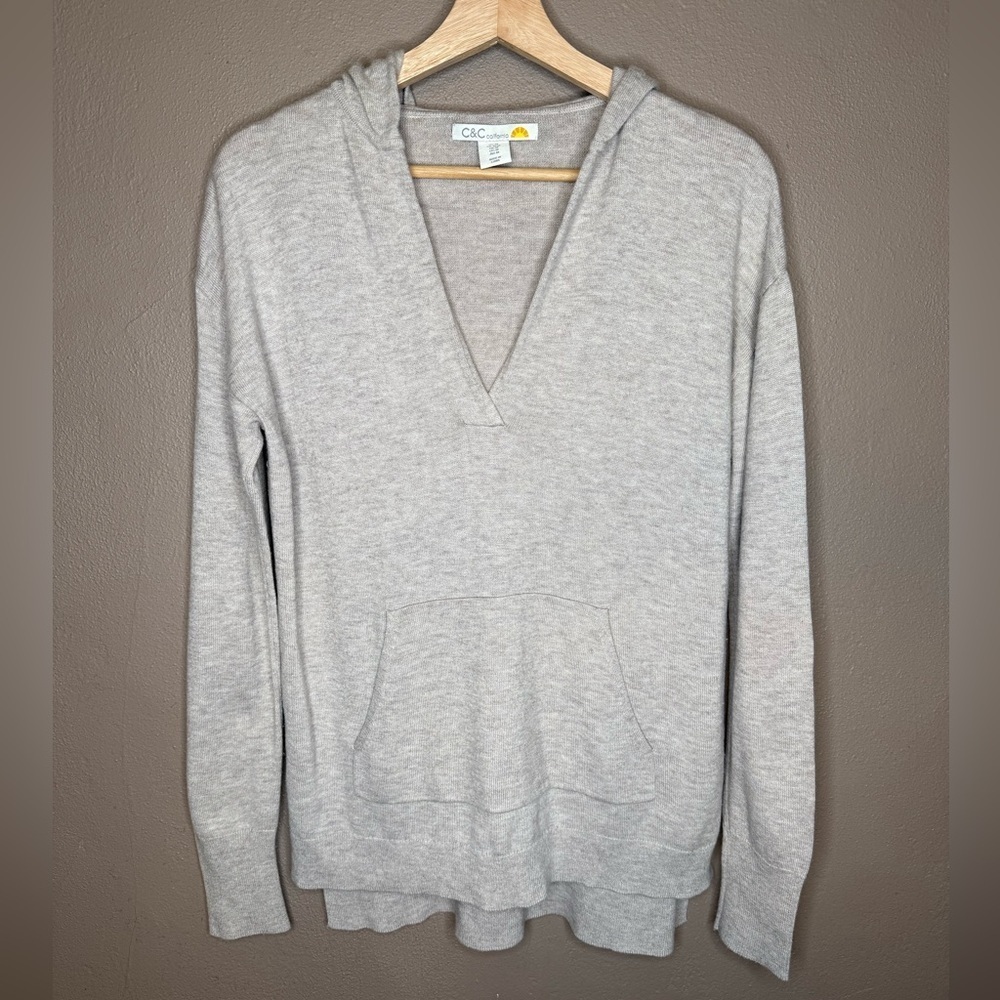 C&C California Wool Blend Hooded V Neck Sweater Size Med Neutral Minimalist Cozy